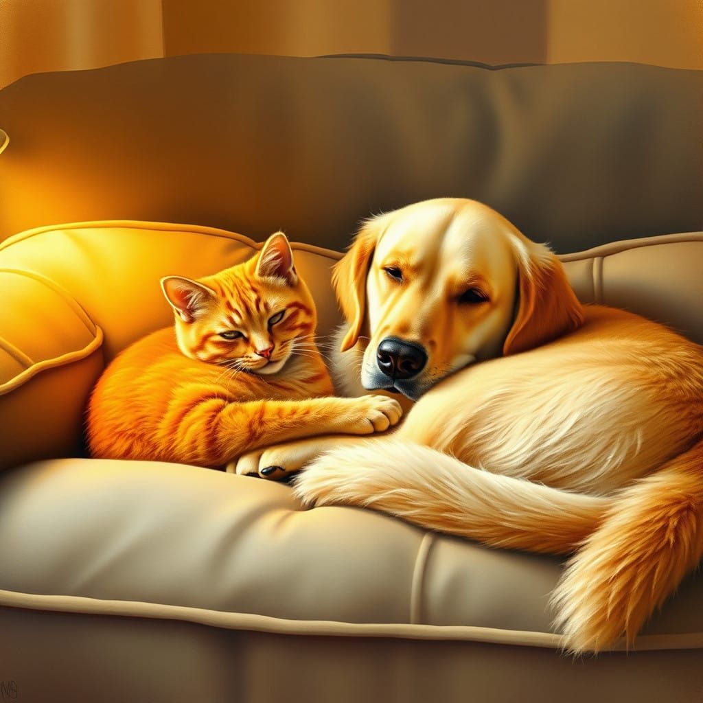 Serene Feline Canine Duo in Warm Golden Lighting
