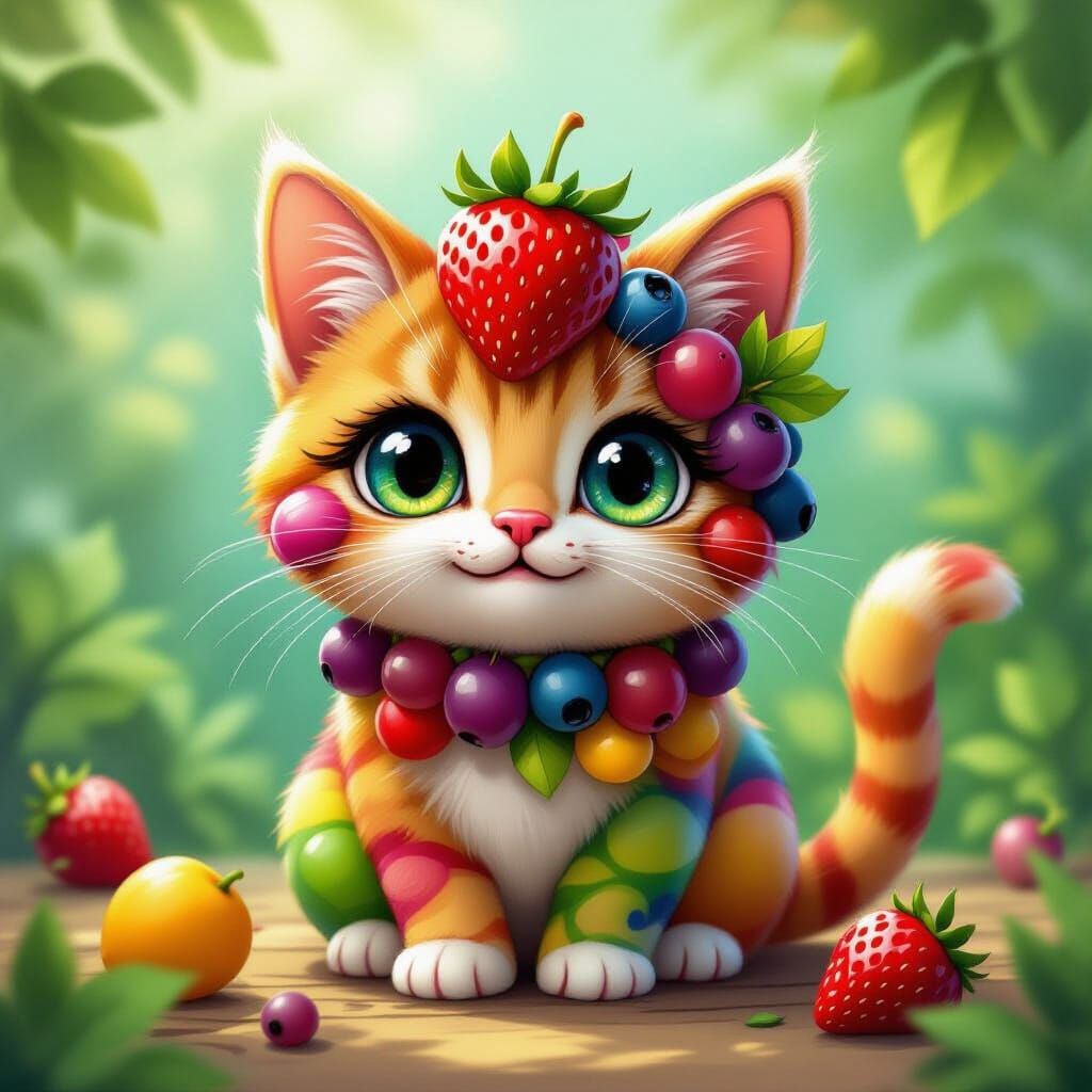 Whimsical Fruit Cat in Fantastical Setting