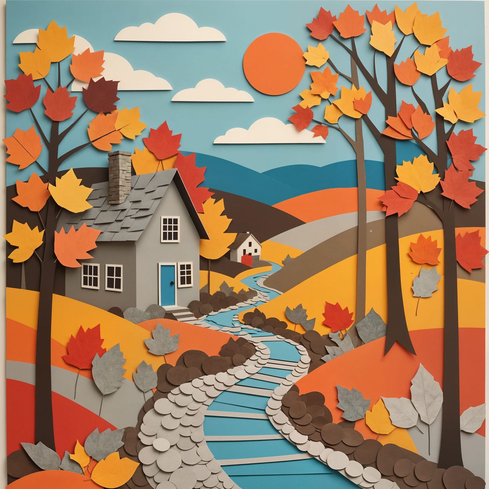 Autumn Paper Collage Cottage with Scrap Trail