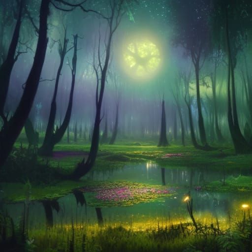 Lush Swampland and Mushroom Forest Under Stars