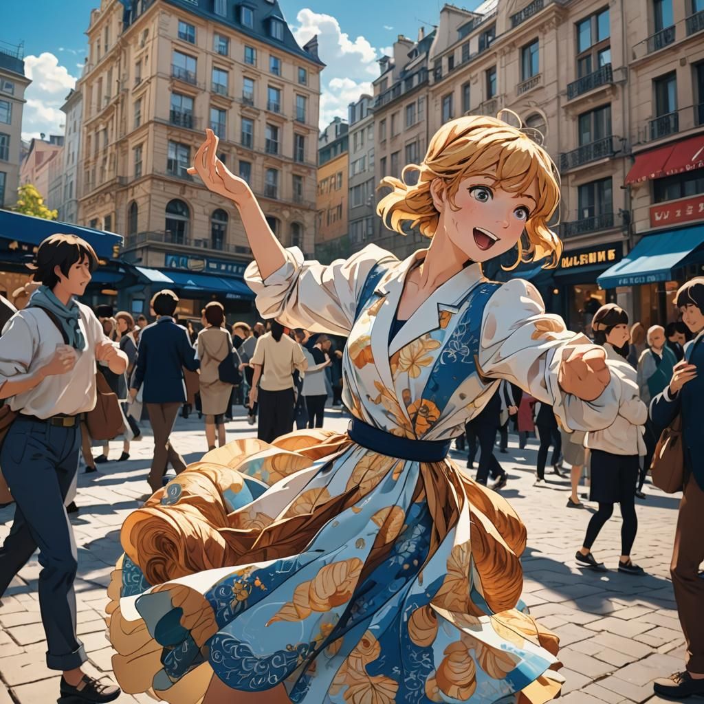 Anime Woman Dancing in Vibrant City Square