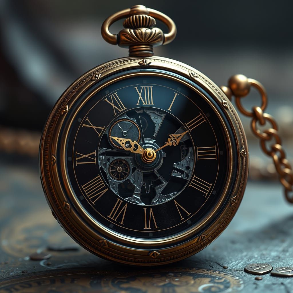 Antique-Style Pocket Watch with Golden Metalwork and Onyx St...