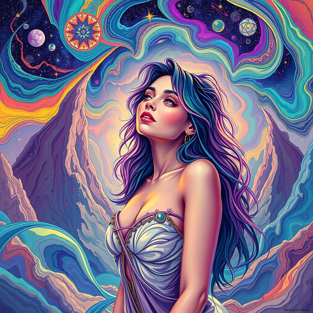 Ethereal Woman in Psychedelic Geometric Astral Landscape