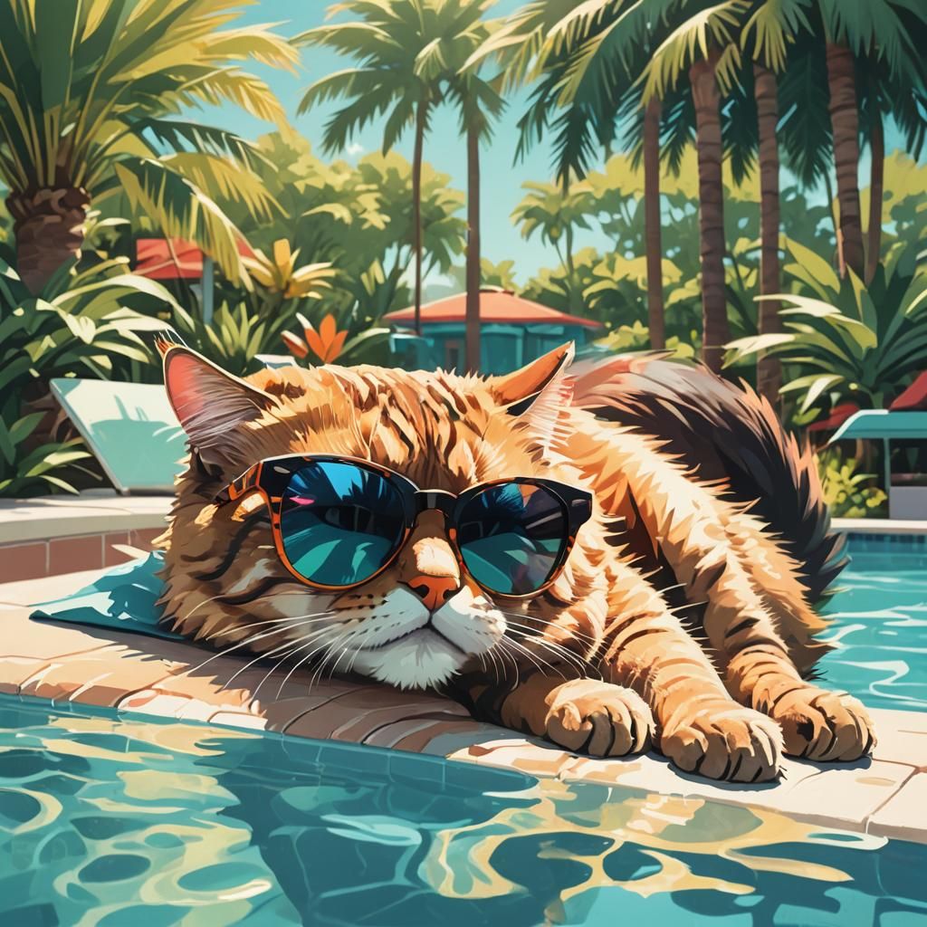 Cool Cat Lounging Poolside in 90s Cartoon Style