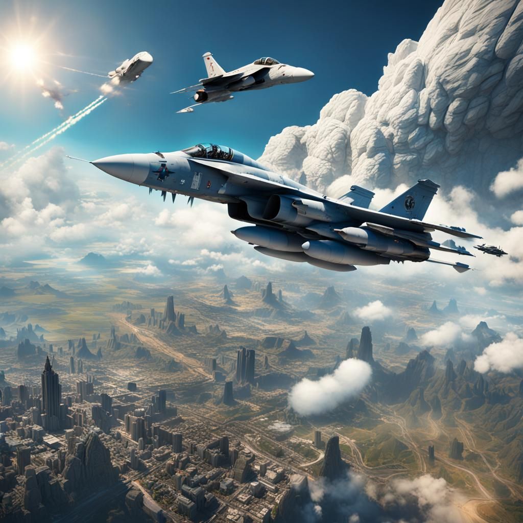 Fighter Jet Chasing Cylinder, Detailed Matte Painting