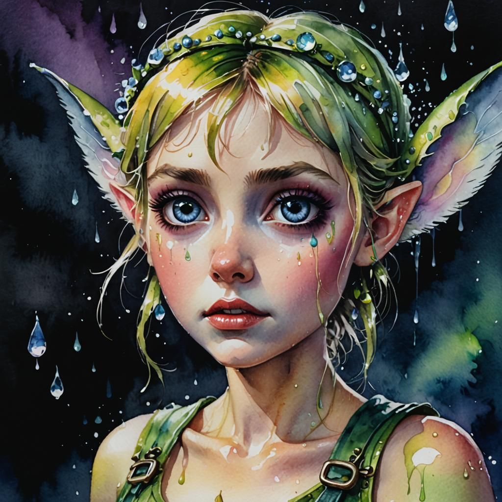 Watercolor of Tinkerbell with tears in her eyes