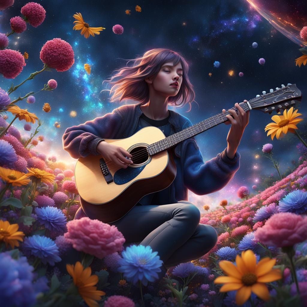 Girl Plays Guitar in a Galactic Flower Garden