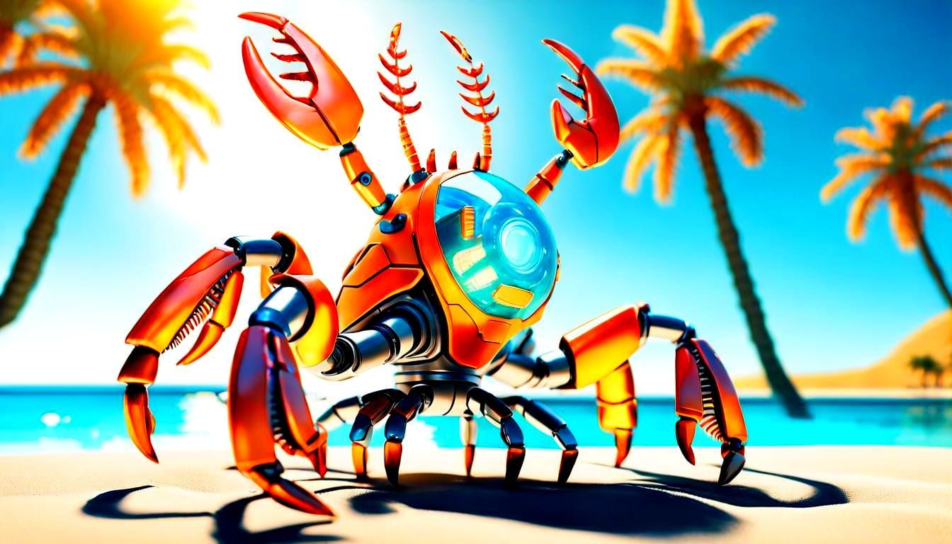 Orange Robot Lobster on the Beach in 4K
