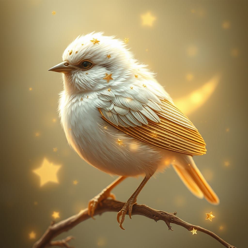 Ethereal Gold and White Sparrow in Fantasy Art Style