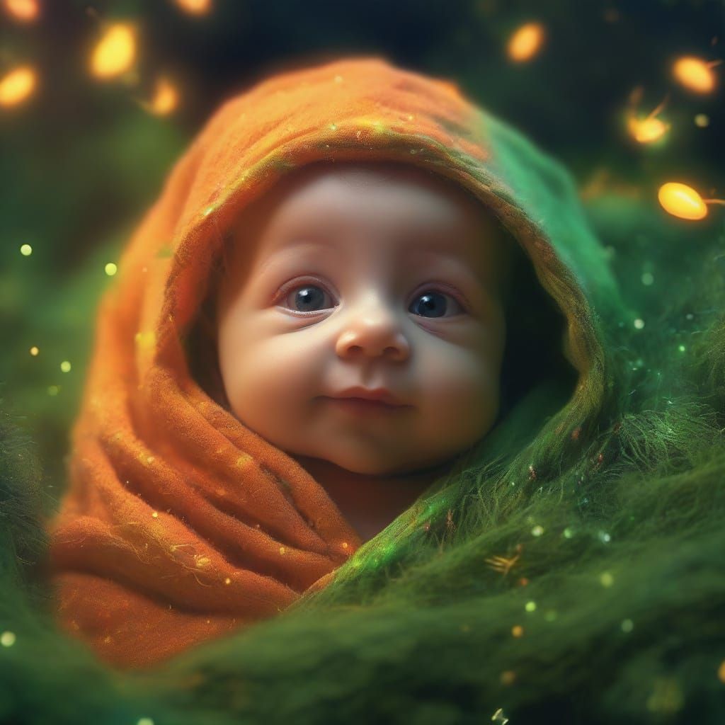 Newborn Baby in Dreamlike Neon Forest, Digital Art
