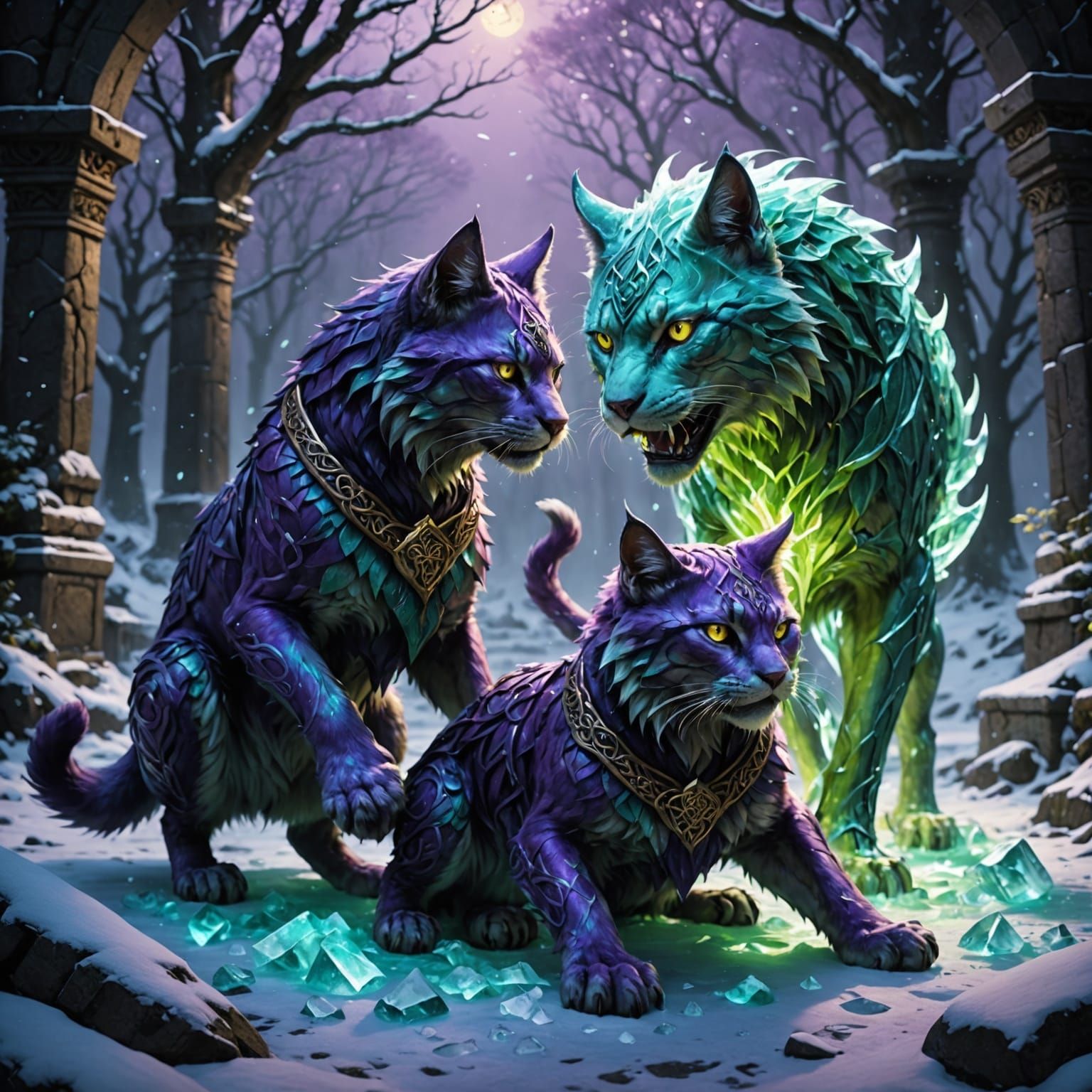 Dark Fantasy Celtic Cat Fight in Purple and Yellow Hues