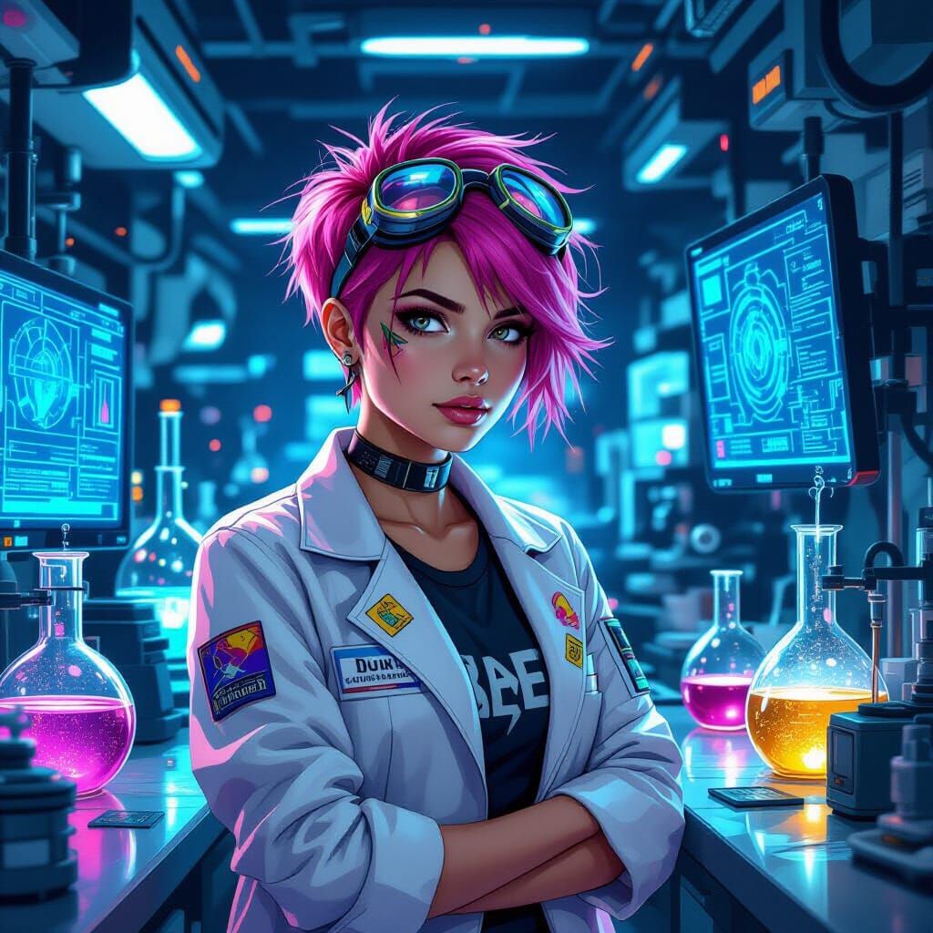 Futuristic Scientist in a Hyperrealistic Lab
