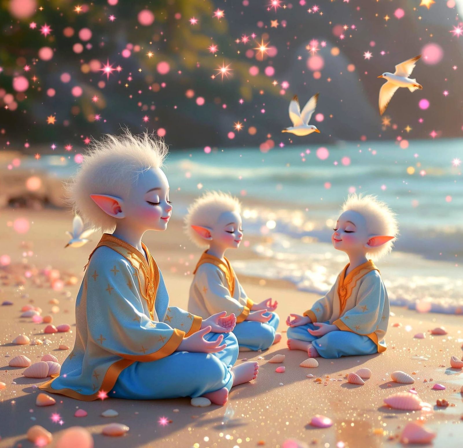 Serene Beach Meditation with Glowing Elf Children at Dawn