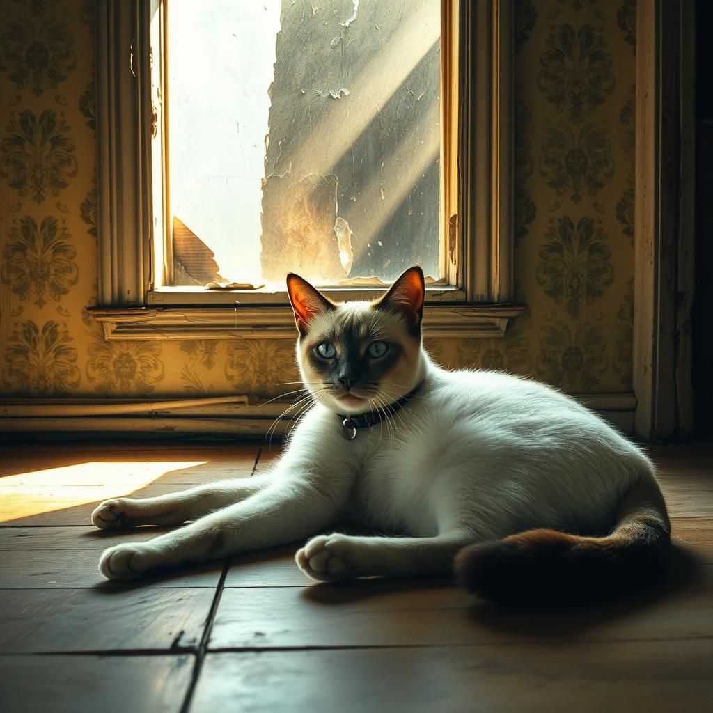 Siamese Cat Basking in Abandoned House, Digital Art