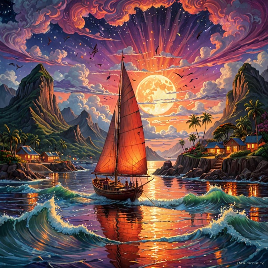 Hawaiian Harbor at Sunset in Ethereal Sci-Fi Style