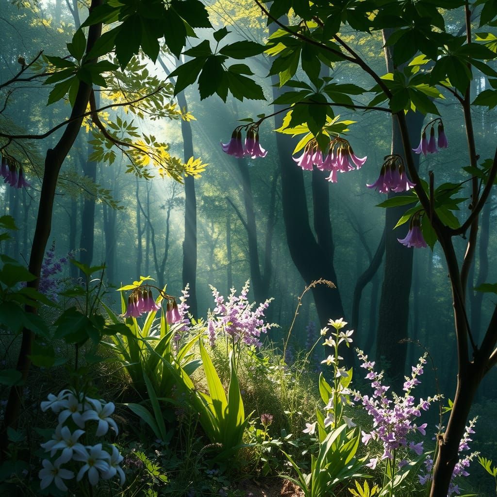 Mystical Forest Clearing in Pre-Raphaelite Style