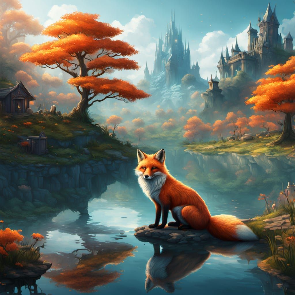Fox Basks in Serene Lake Reflections in Vibrant Fantasy Art
