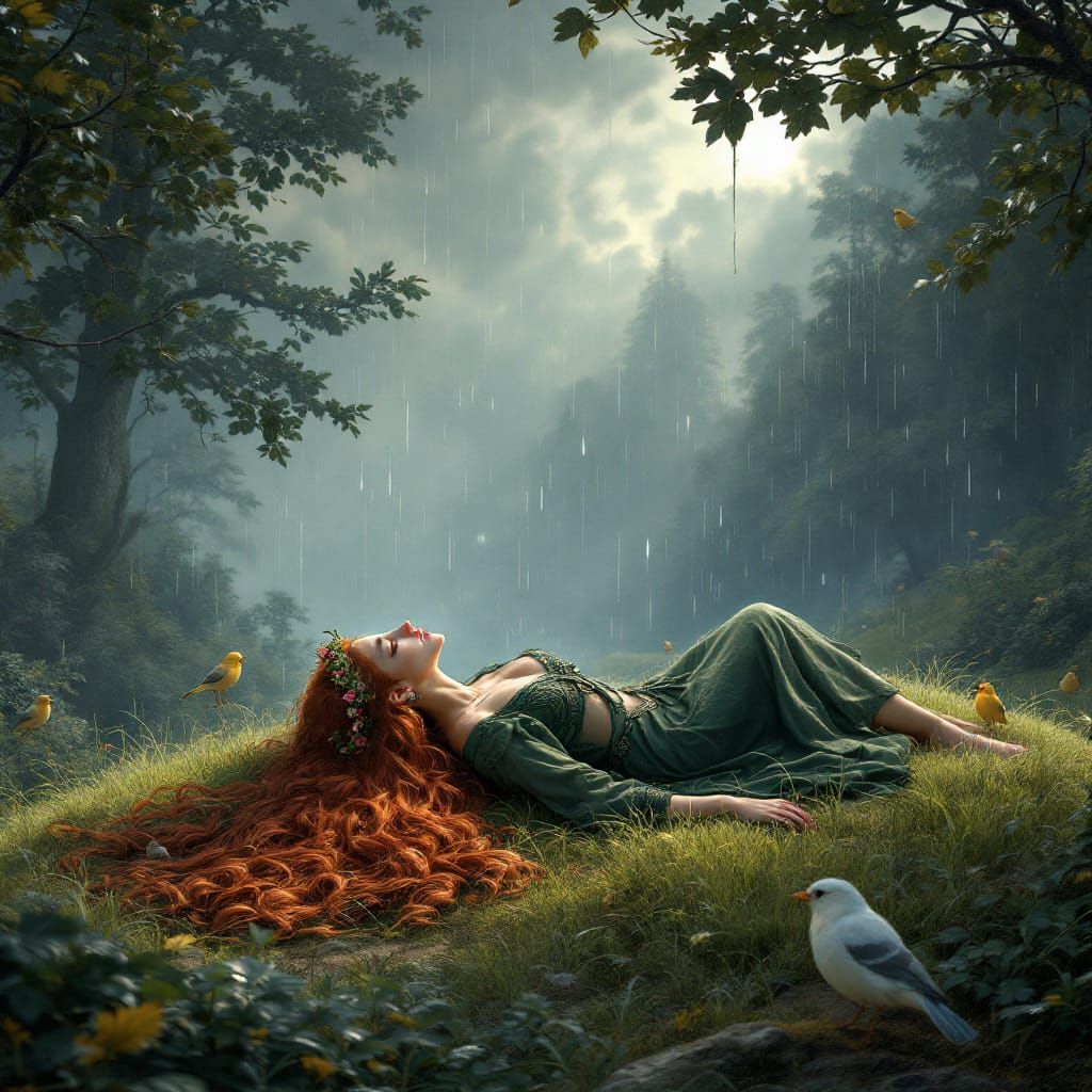 Celtic Goddess Meditating in Gentle Rain