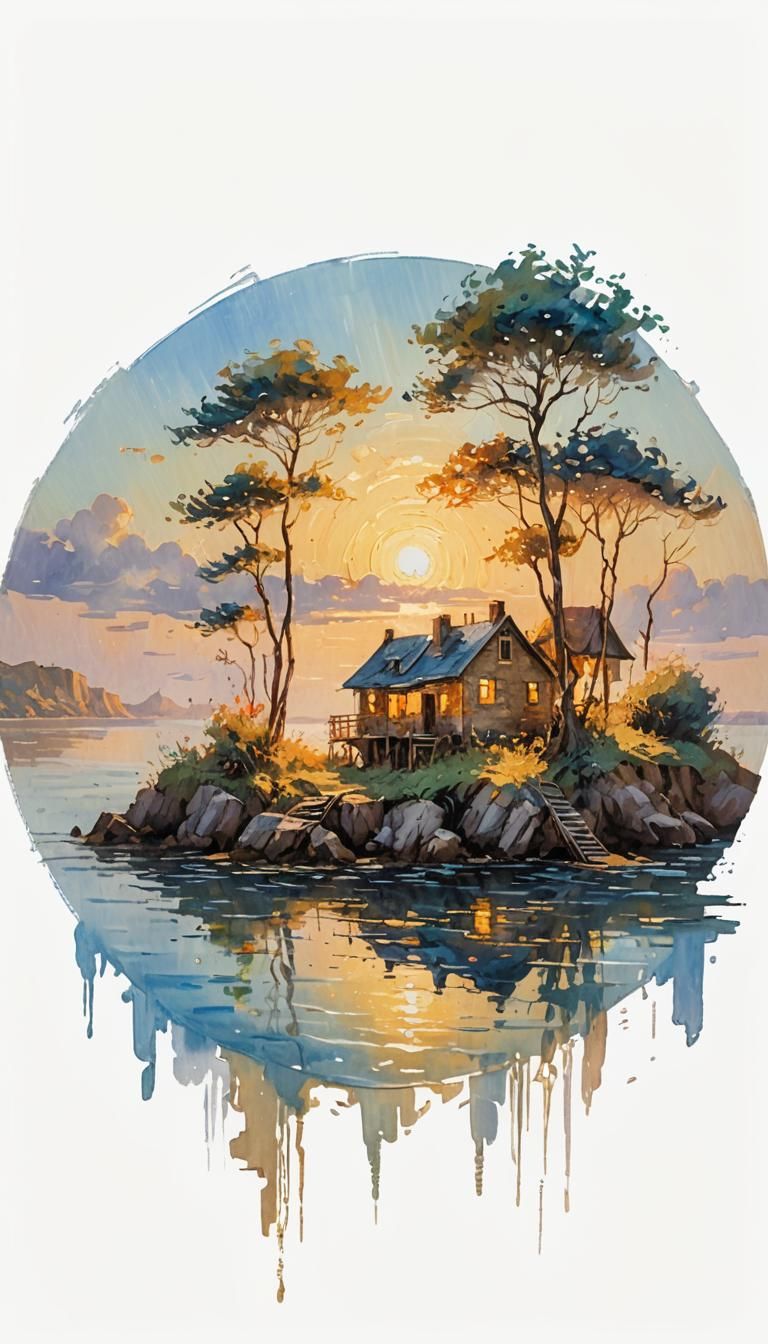 Island House: Impressionist Painting in Monet Style