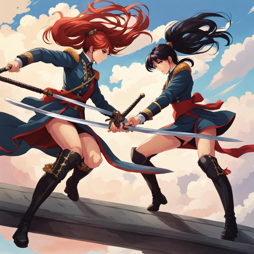 Girls' Saber Duel on Floating Platform