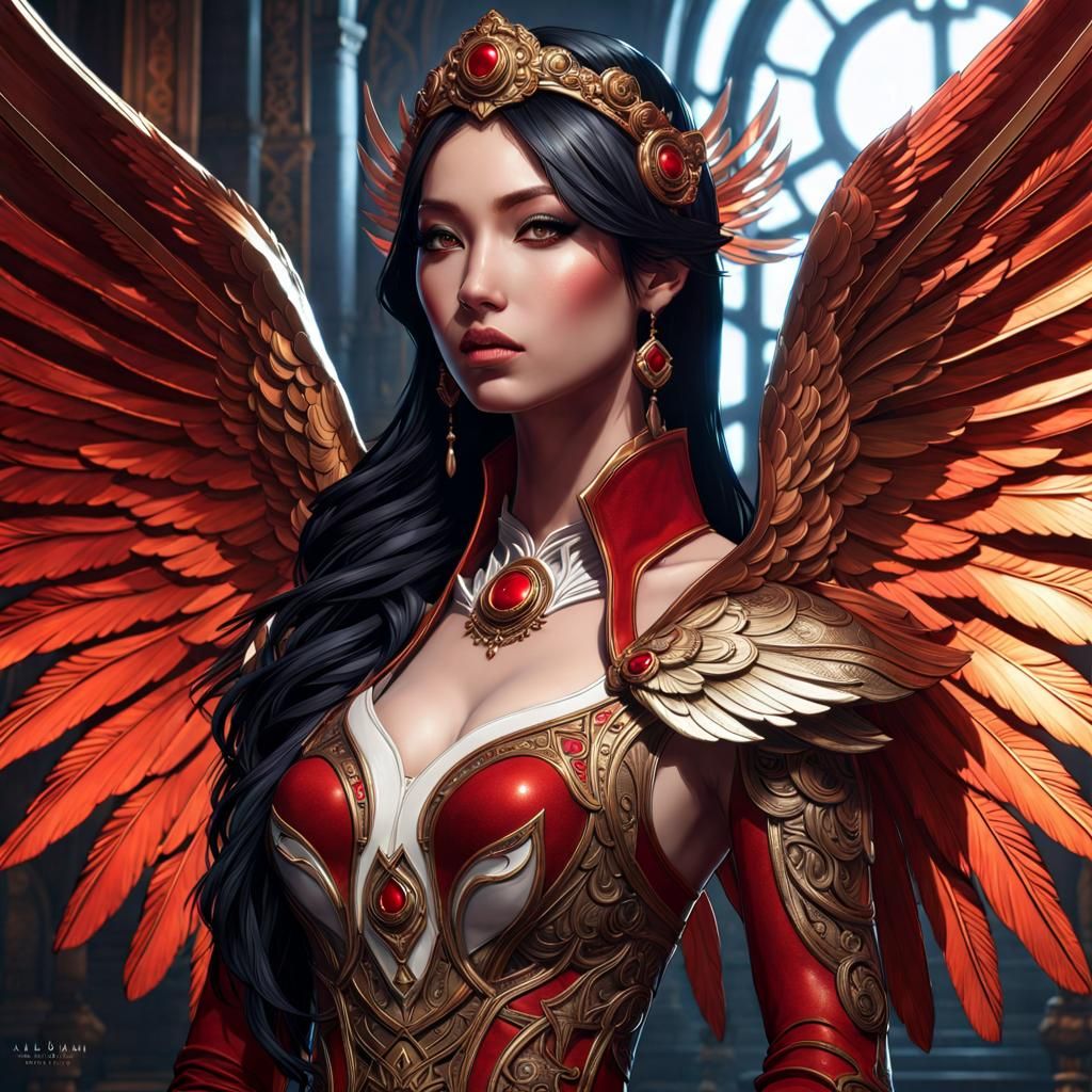 Gothic Asian Angel Portrait with Wings in Splash Art