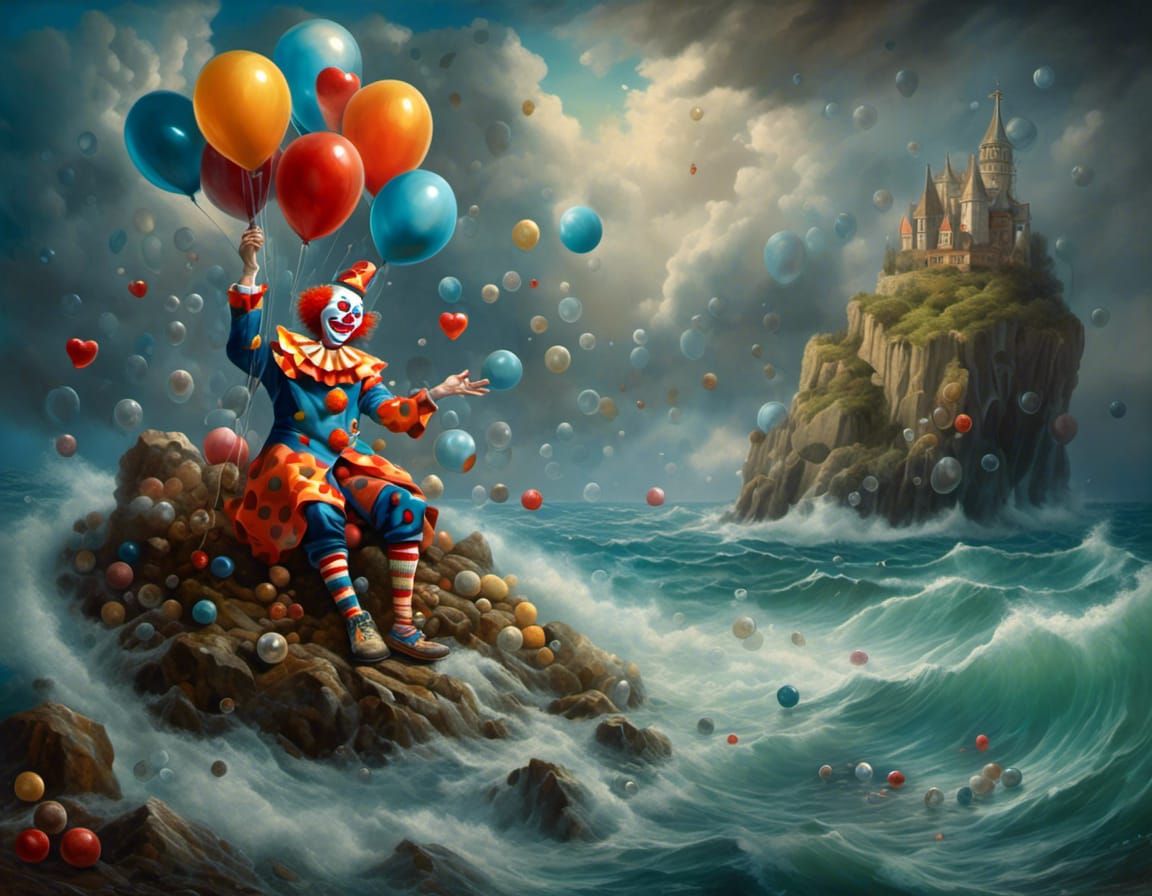 Surreal Clown Crying in Stormy Sea, Oil Painting