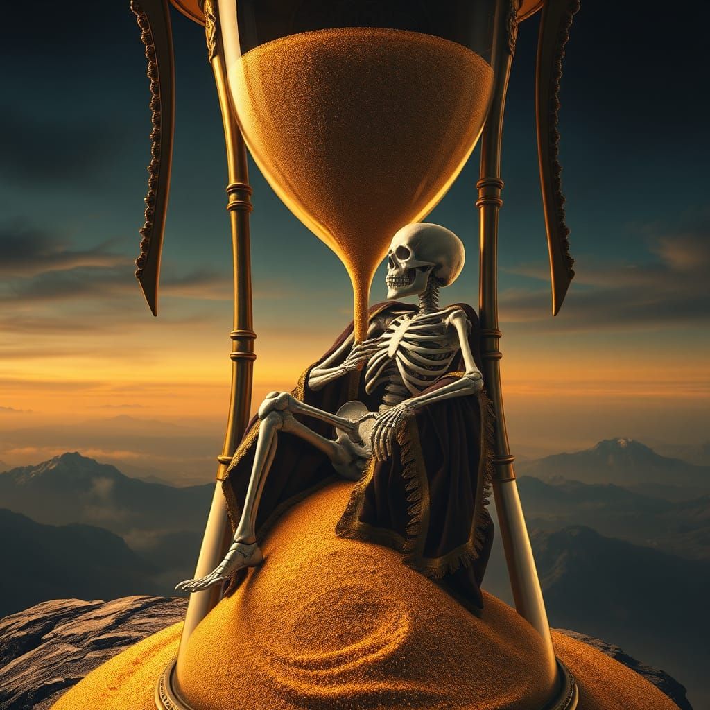 Ornate Hourglass with Skeleton in Surreal Style