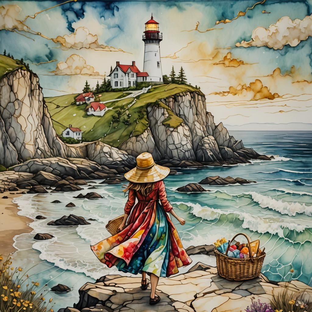 Whimsical Lighthouse Scene with Picnic, Alcohol Ink Style