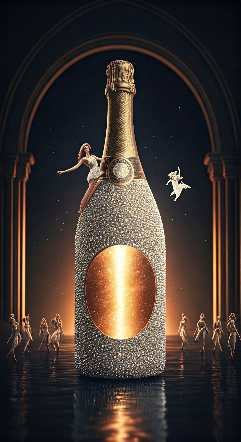Woman Riding Diamond Champagne Bottle in Golden Hour Light