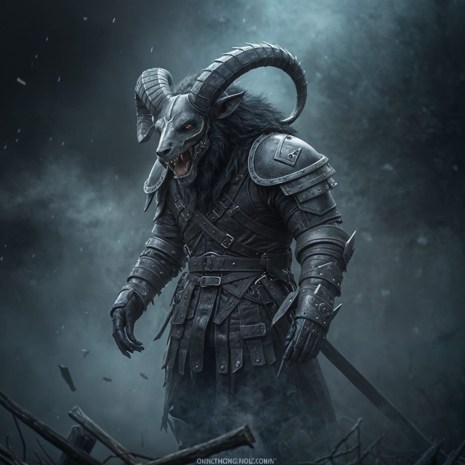 Giant Werewolf in Ram Helmet Emerges from Fog