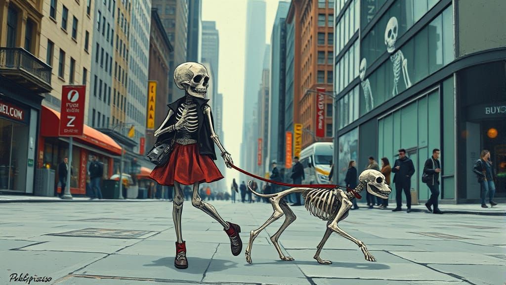 Skeleton Girl Walks Skeleton Dog in Retro Sci-Fi City