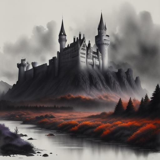 Monochrome Watercolor Castle Landscape with River