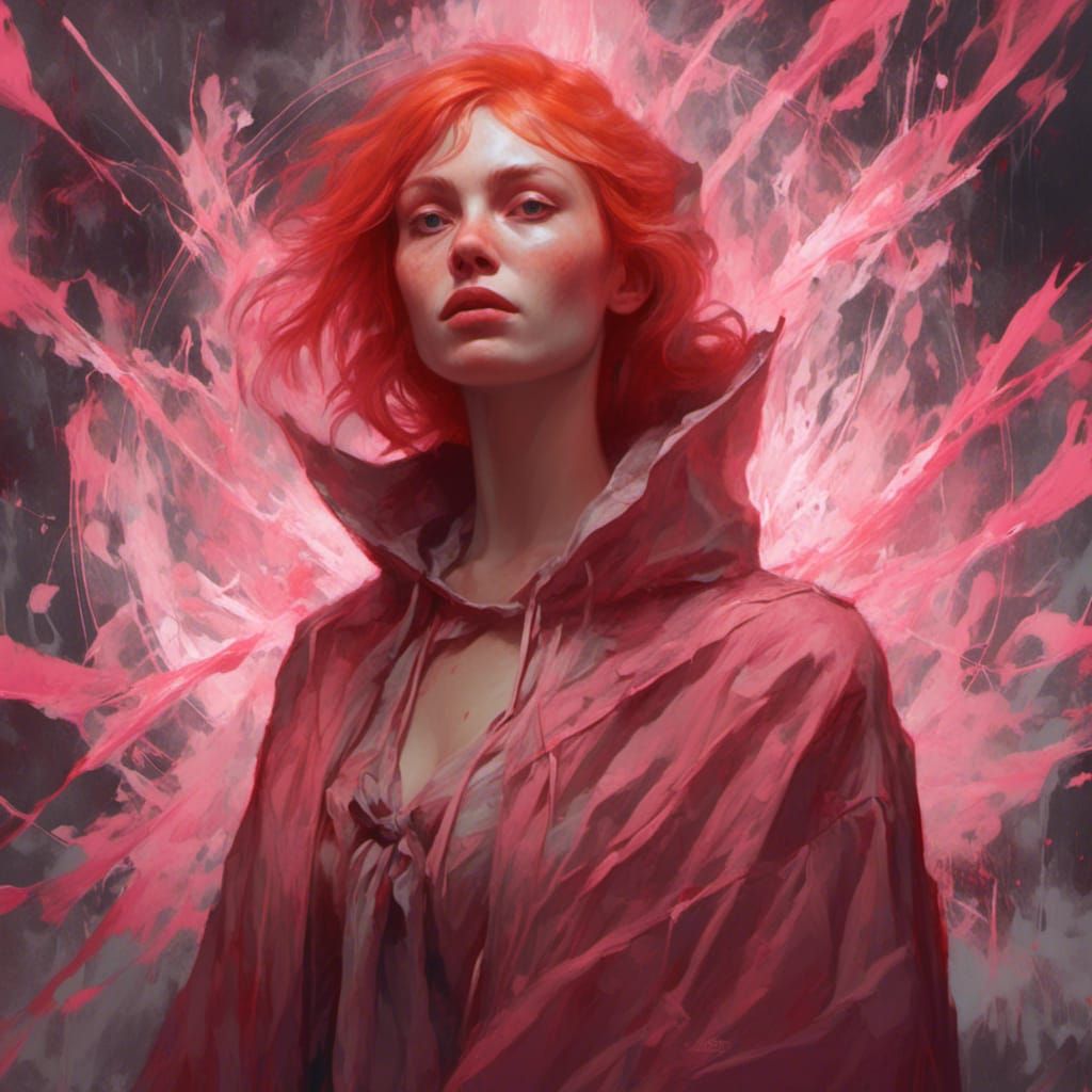 Woman with Red Hair Surrounded by Pink Magic