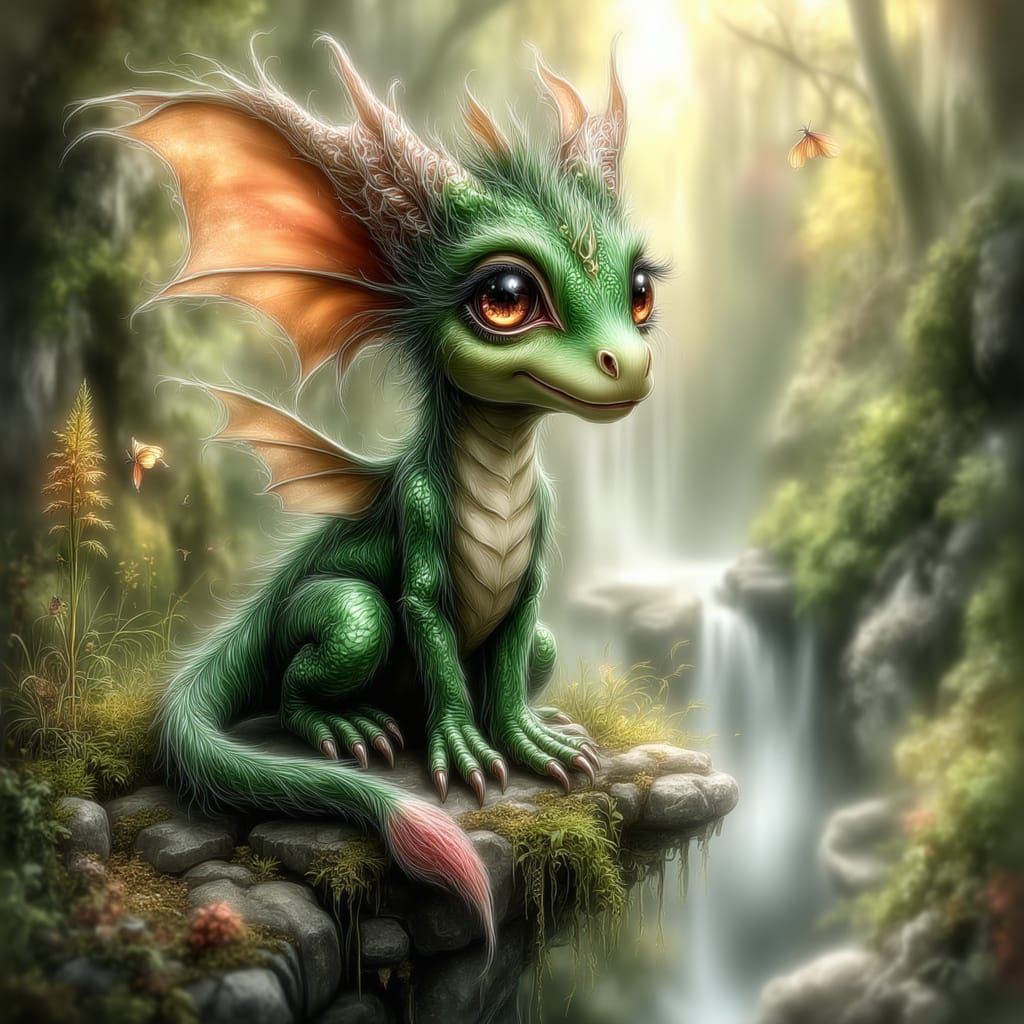 Adorable Emerald Dragon in Enchanted Forest Clearing