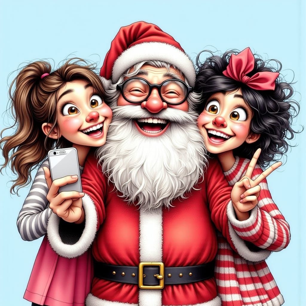 Santa Claus Takes a Selfie with Two Girls