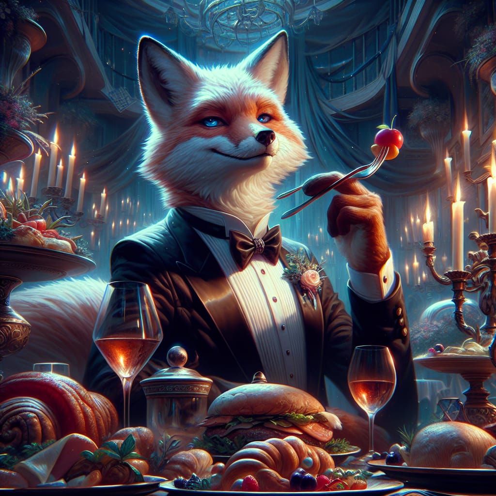 Fox in Tuxedo at Dinner Party: Matte Painting