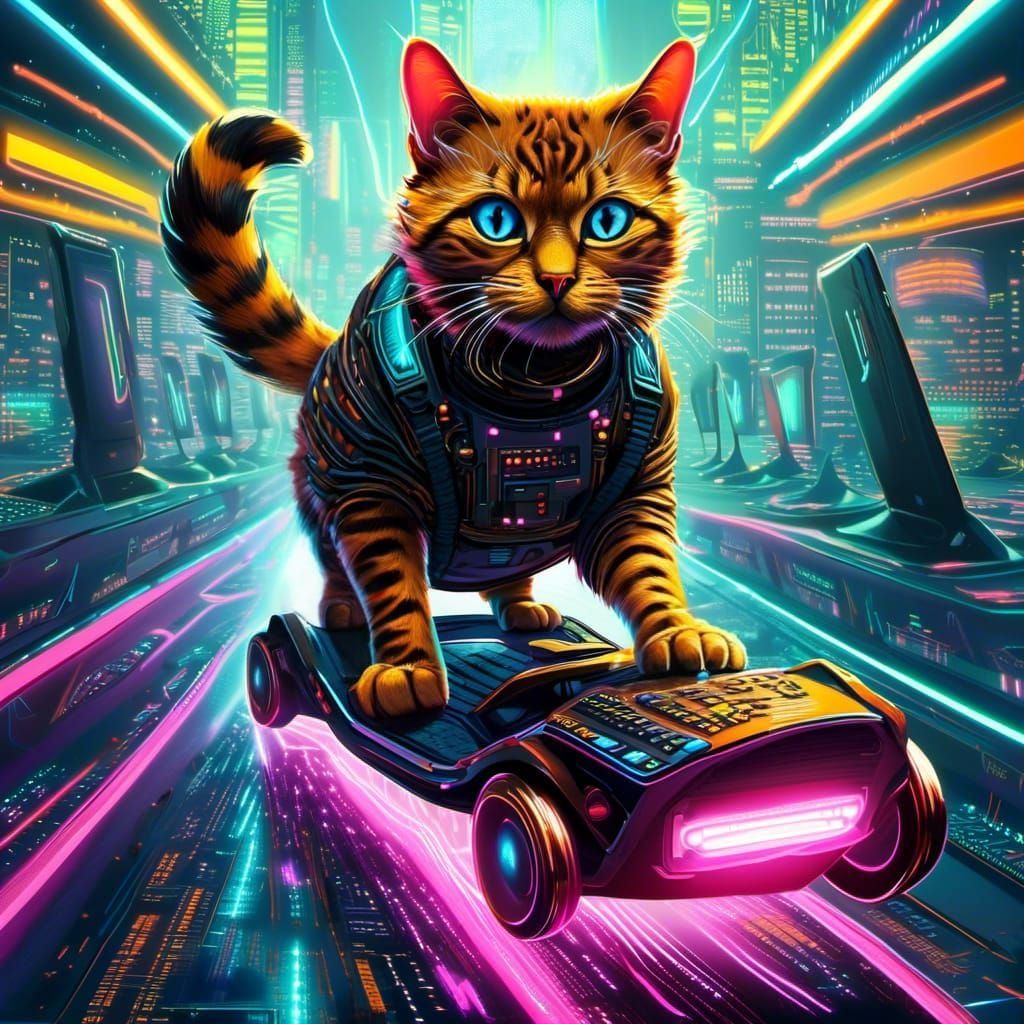 Cyberpunk Cat Dashes Through Cyberspace as Impasto Painting