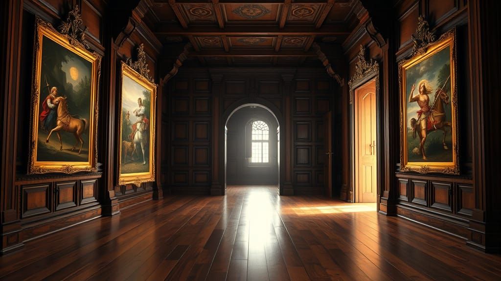 Medieval Castle Hallway with Lavish Paintings and Ornate Doo...