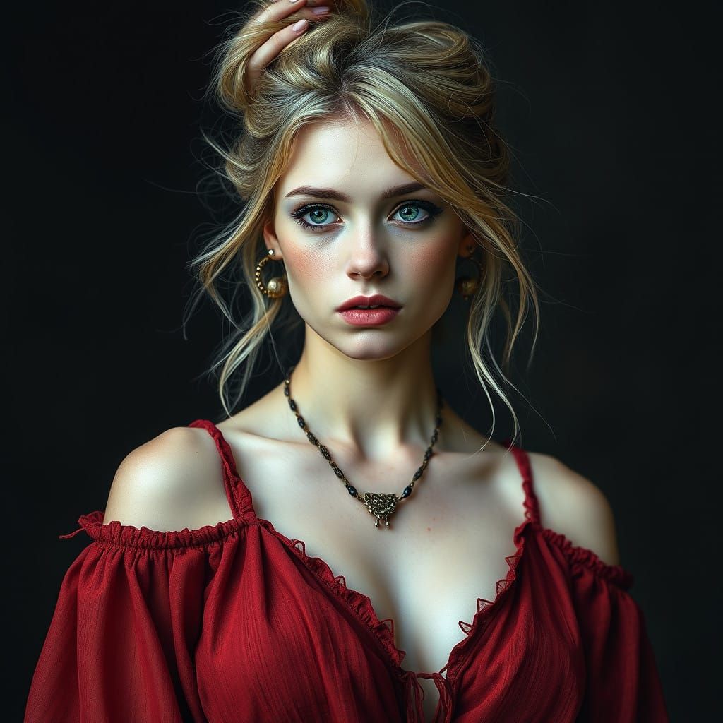 Ethereal Bohemian Woman with Green Eyes and Loose Updo