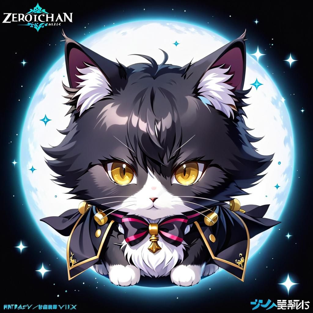 Cute Anime Fluffy Tuxedo Cat in Fantasy Style