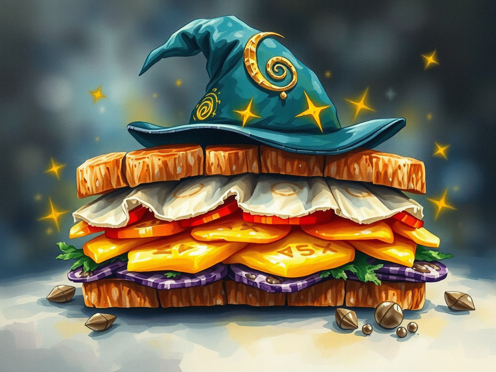 Magical Sandwich with Witch Hat, Watercolor Style