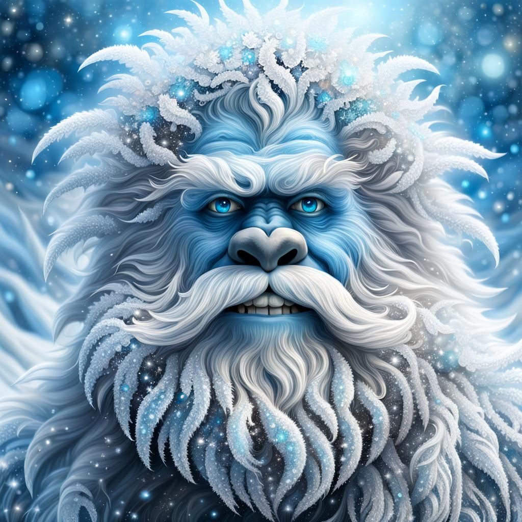 Cheerful Yeti Portrait with Sparkling Snowflake Beard