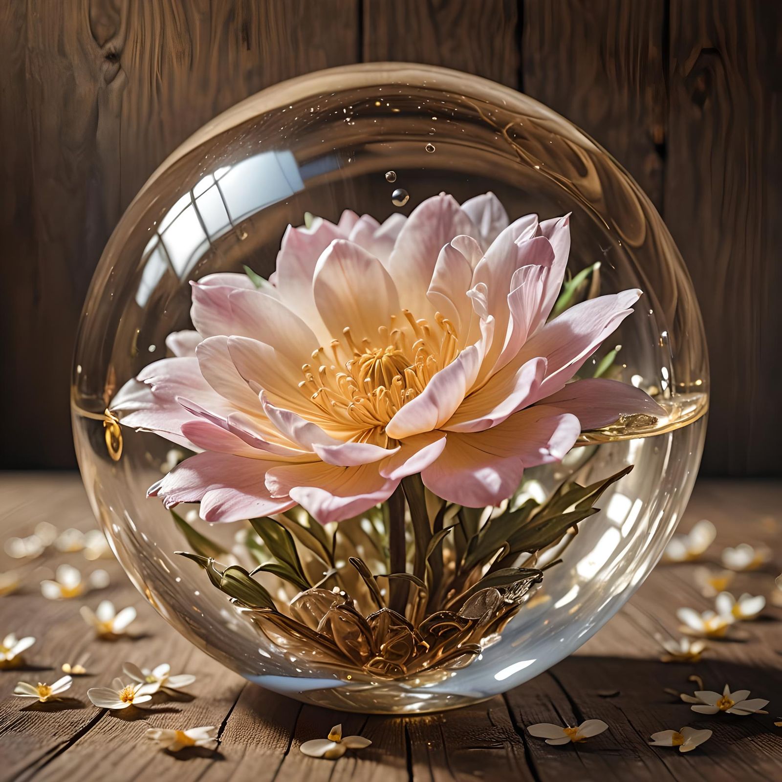 A sleeping beauty flower in a glass 
Orb