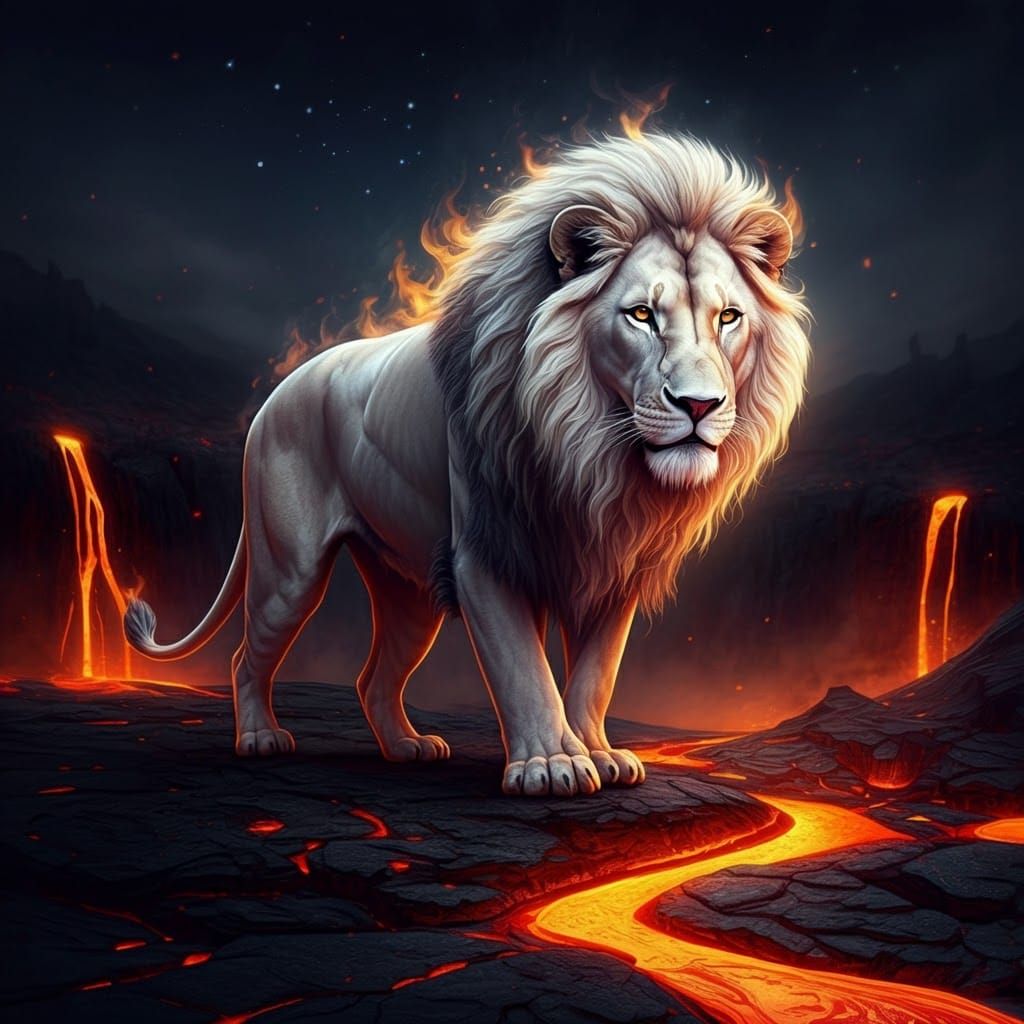 Fiery White Lion Striding on Lava Terrain