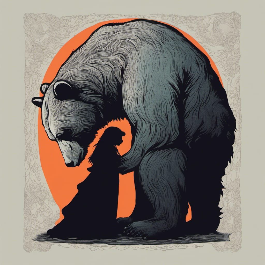 Giant Bear Hugging Witch in Noir Style