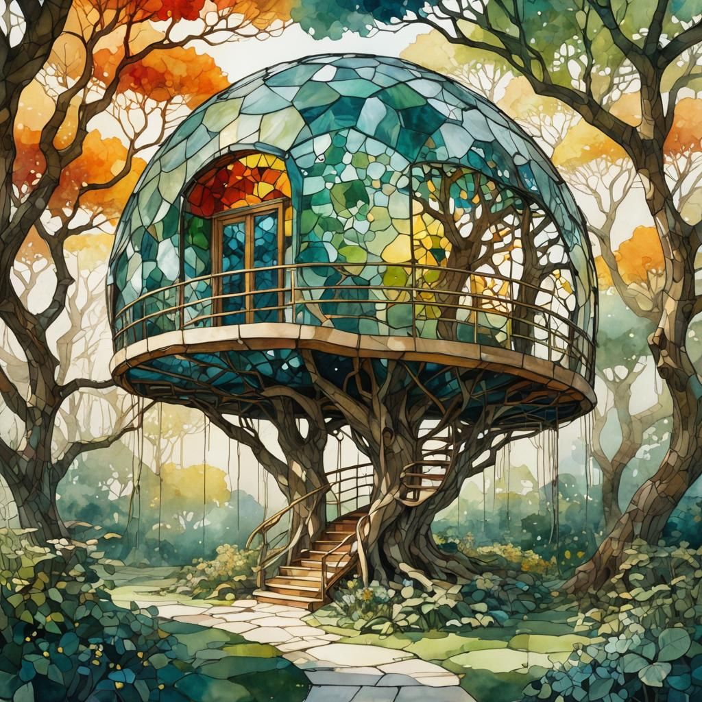 Round Stained Glass TREE HOUSE