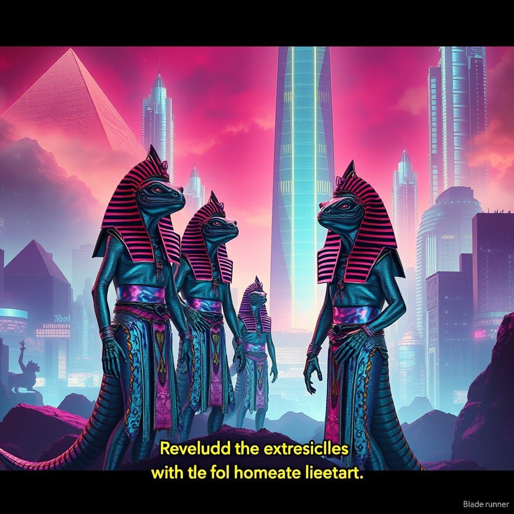 Lizard People in Neon-Lit Cityscape with Hieroglyphic Subtit...