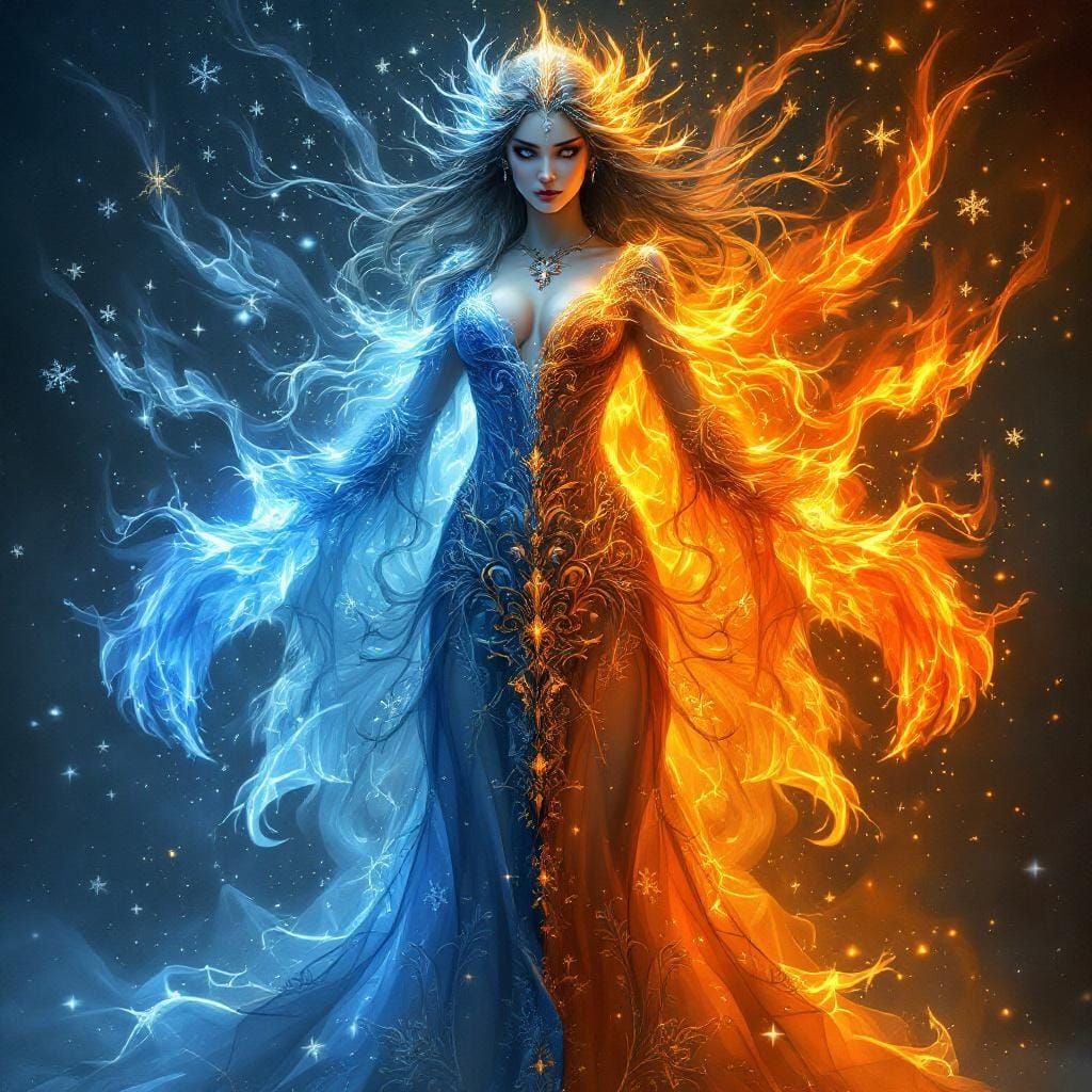 Ice and Fire Goddess in Digital Painting Style