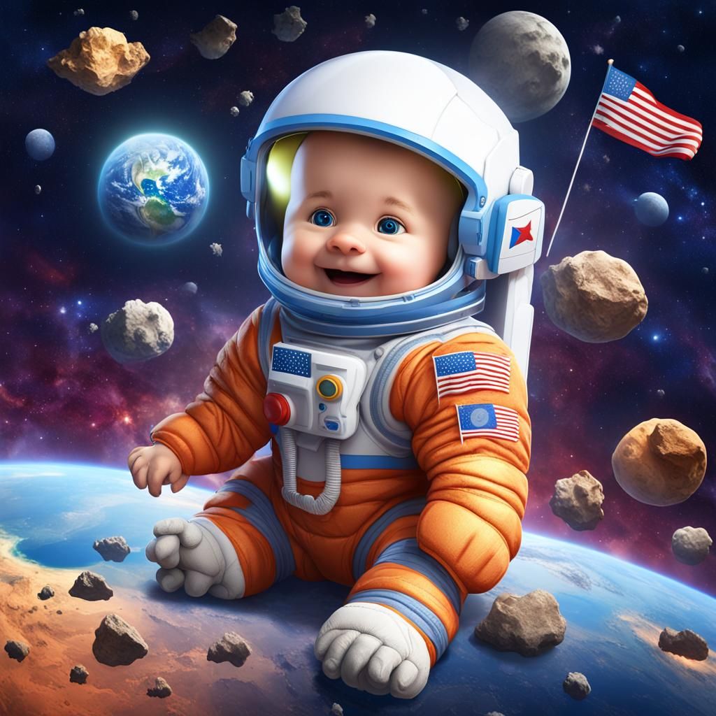Baby Astronaut on Asteroid in 3D Cartoon Style