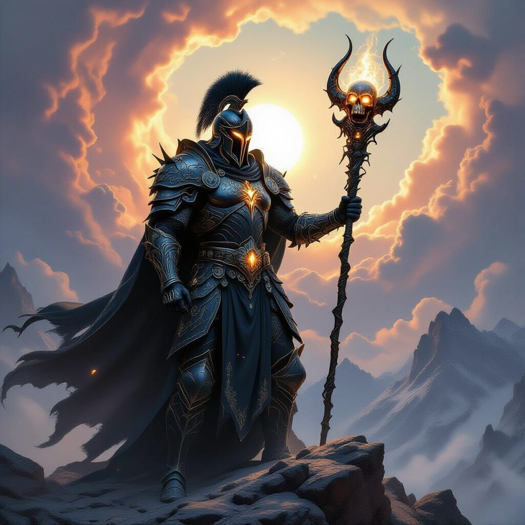 Majestic Warrior with Skull Scepter in Cosmic Vortex